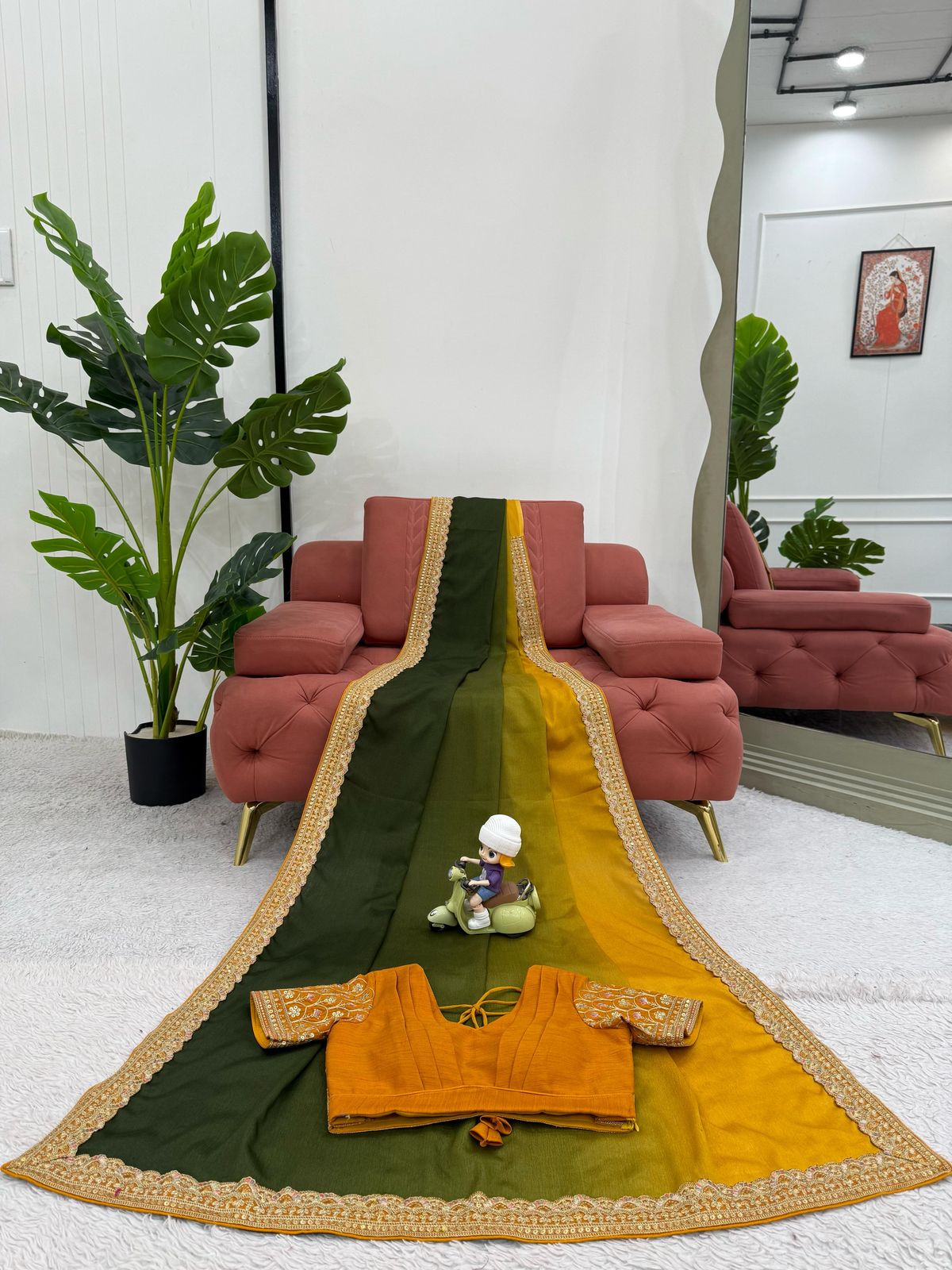 Shanvika yellow green pure Chinon silk saree featuring intricate thread embroidery and sequin lace border, paired with unstitched Mono Benglori embroidered blouse fabric – ideal for weddings, festive occasions, and party wear